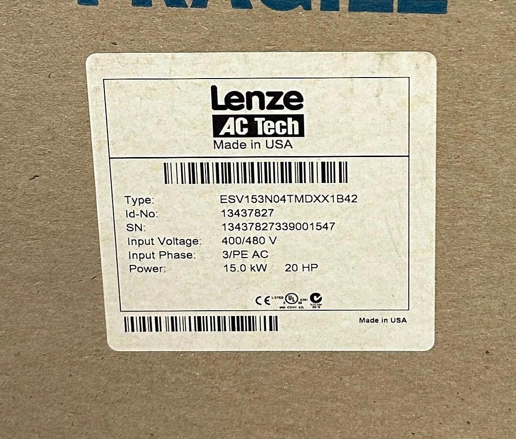 Used LENZE AC TECH 13437827 / ESV153N04TMD SMVector DRIVE 15kW/20HP 400/480V 3PH NSFS