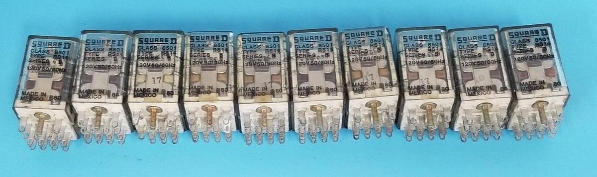 Used LOT OF 10 SQUARE D 8501-RS14 RELAYS SER. B, 120V, 50/60HZ