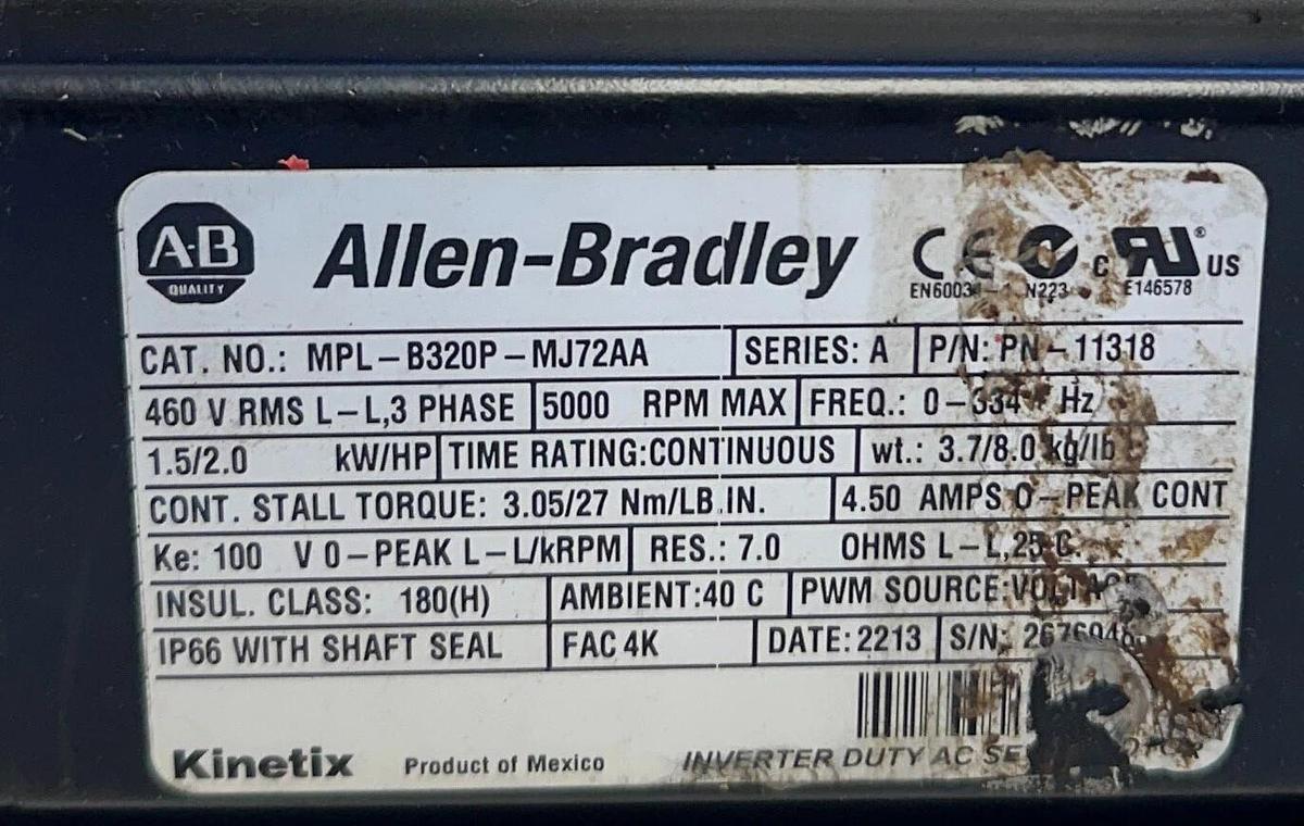 Used ALLEN BRADLEY MPL-B320P-MJ72AA /A Kinetix AC SERVO MOTOR 1.5kW/2HP 460V USNP