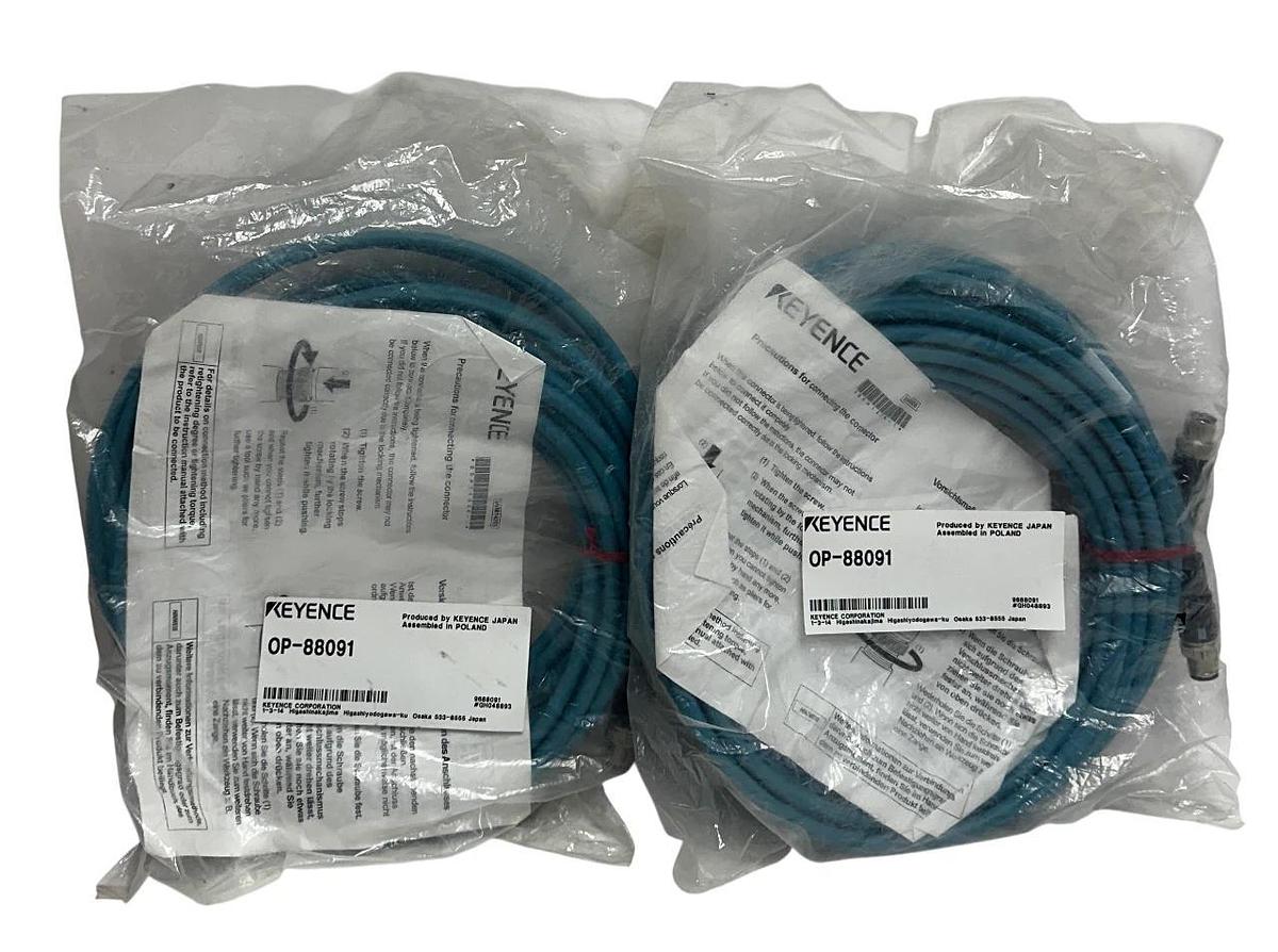 Used 2 KEYENCE OP-88091 / OP88091 OEM EtherNet CABLES M12 4-PIN 10M LENGTH NSFS