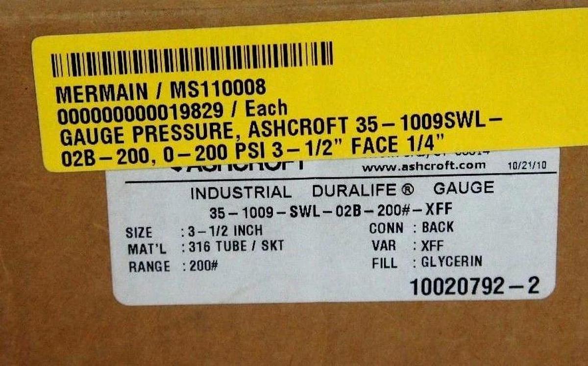 NIB ASHCROFT 35-1009-SWL-02B-200#-XFF GLYCERIN PRESSURE GAUGE 0-200PSI 3 1/2"