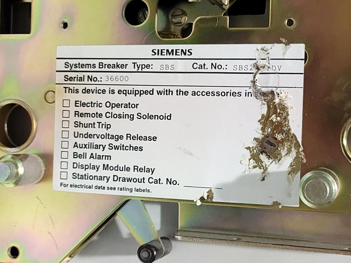 SIEMENS SBS2020DV / SBS2020 DRAWOUT BREAKER SBS 2000 W/2000A TRIP UNIT
