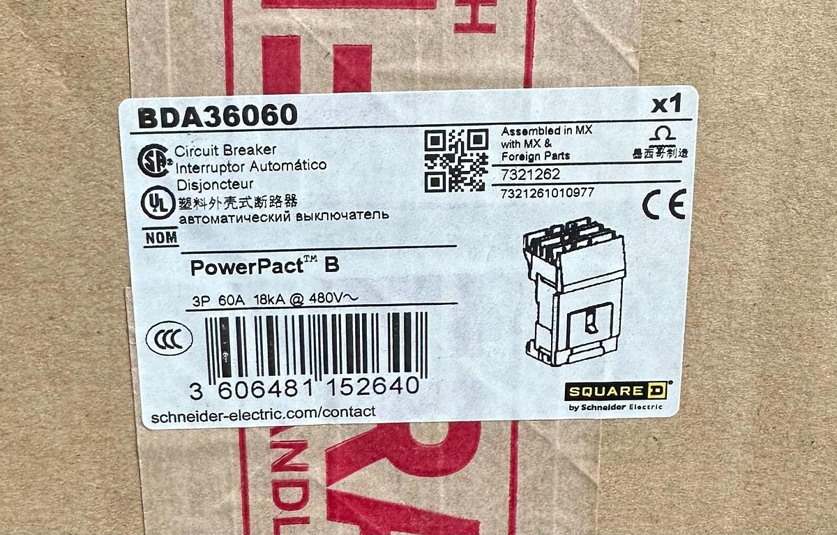 Used NEW SQUARE D BDA36060 PowerPact B CIRCUIT BREAKER 3P 60A 18kA @ 480V BD060
