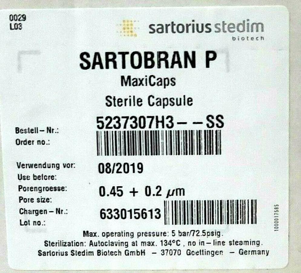 Used NIB SARTORIUS STEDIM SARTOBRAN P 5237307H3-SS PORE SIZE: 0.45 + 0.2UM MAXICAPS