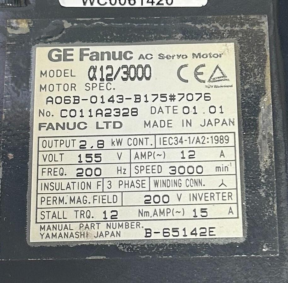 Used FANUC A06B-0143-B175#7076 / A06B0143B1757076 AC SERVO MOTOR a12/3000 2.8kW NSNP
