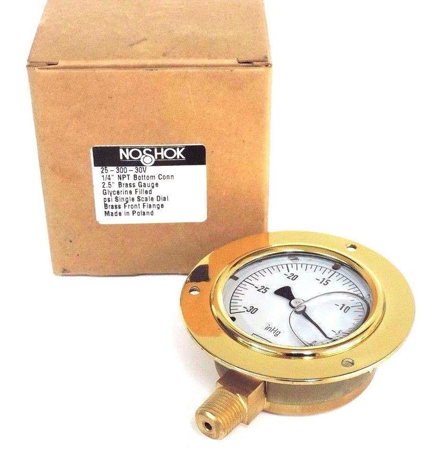 Used NIB NOSHOK 25-300-30V 2.5'' BRASS GAUGE 1/4'' NPT BOTTOM CONN., 2530030V