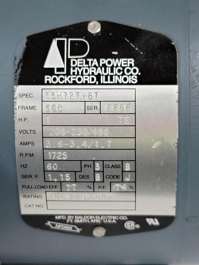 Used NEW DELTA POWER HYDRAULIC 35H727-87 FRAME 56C H.P. 1 VOLTS: 208-230/460 W/ C43
