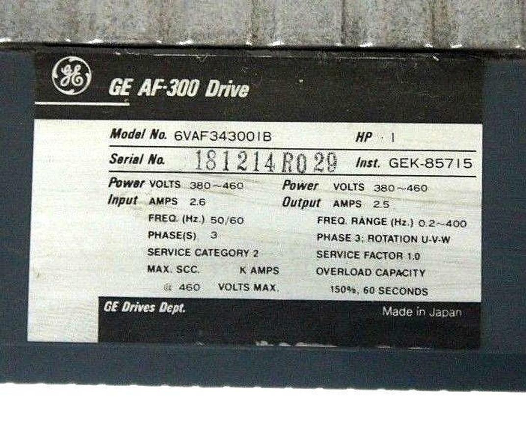 Used GENERAL ELECTRIC 6VAF343001B AC DRIVE 1 HP, 380-460V2.6 AMP, MISSING KEYPAD