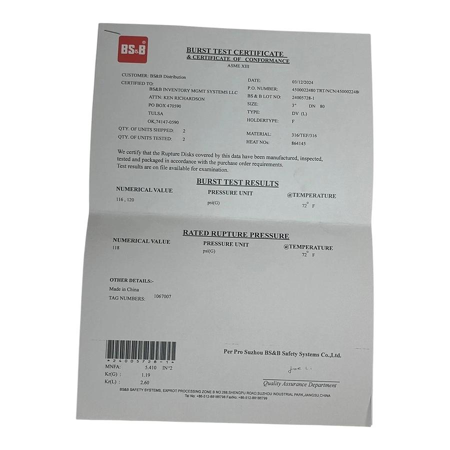 BS&B 3" DV (L) Rupture Disk 118 psi(G) 316 Stainless Steel Teflon 1067007 NEW
