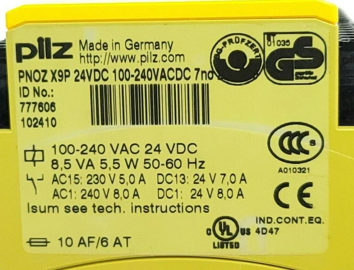 Used PILZ PNOZ-X9P-24VDC-100-240VACDC-7NO SAFETY RELAY ID NO. 777606