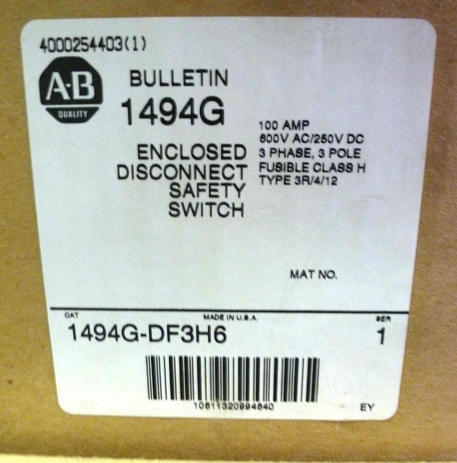 Used ALLEN BRADLEY 1494G-DF3H6 100AMP ENCLOSED DISCONNECT SWITCH 1494GDF3H6 NIB