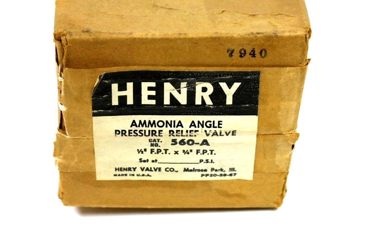 Used NIB HENRY 560-A PRESSURE RELIEF VALVE AMMONIA ANGLE TYPE 1/2'' F.P.T. X 3/4''