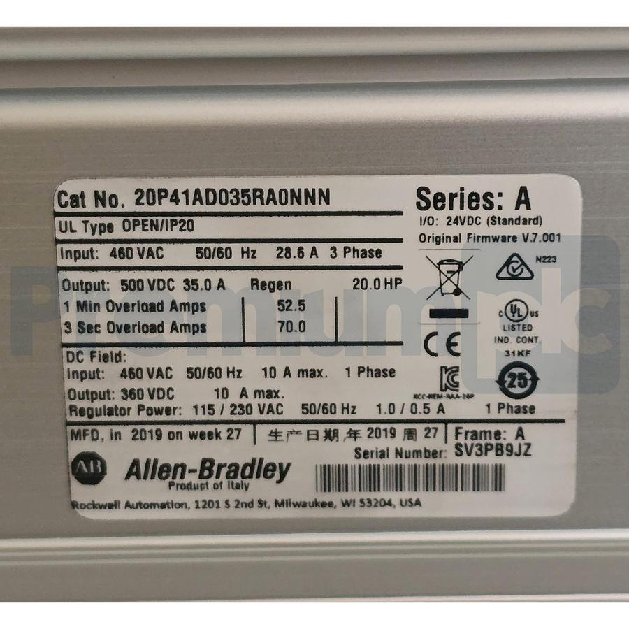 Used Allen-Bradley 20P41AD035RA0NNN /A PowerFlex DC Drive 20HP 460VAC w/HMI USPI