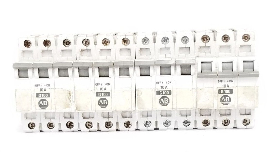 Used LOT OF 4 ALLEN BRADLEY 1492-CB-3-G-100 CIRCUIT BREAKERS SER. B, 10A, 3-POLE