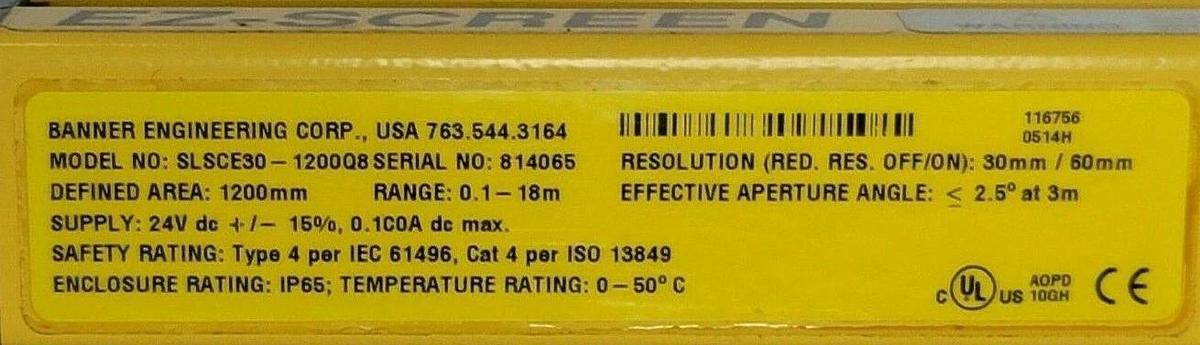 Used BANNER SLSCE30-1200Q8 EZ-SCREEN EMITTER RESOLUTION - 30 MM LENGTH - 1200 MM