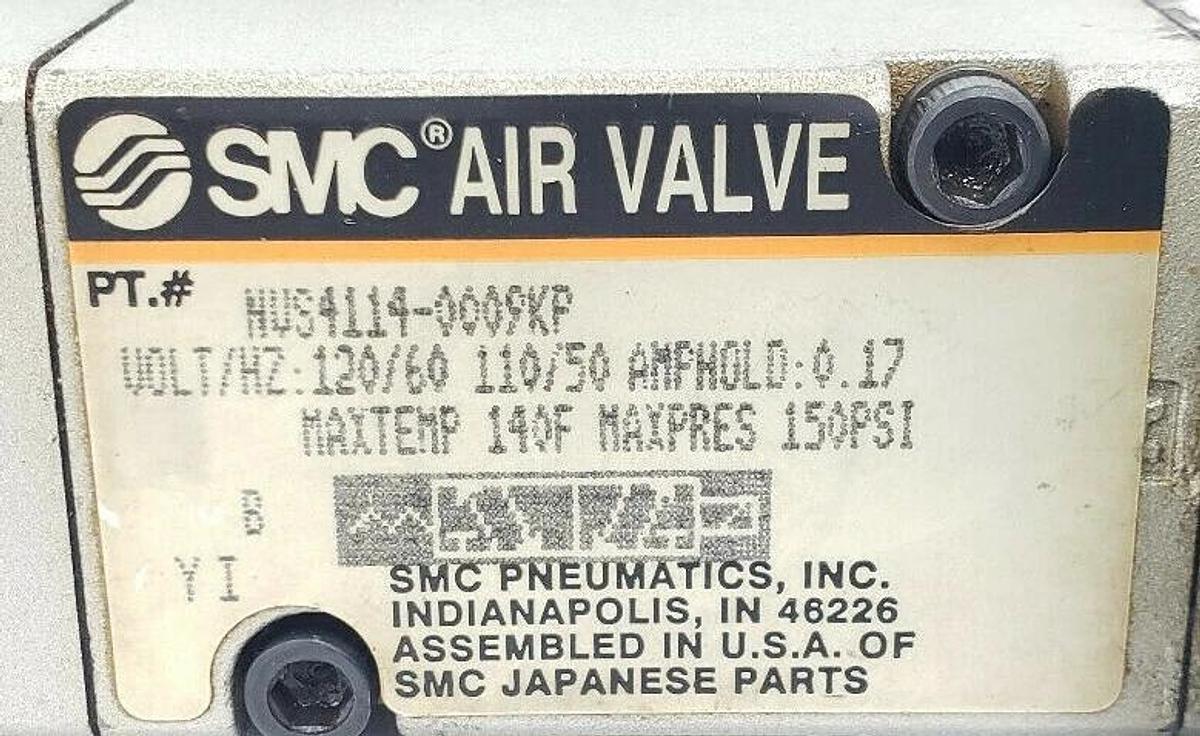 Used SMC NVS4114-0009KP5 SOLENOID VALVE 150PSI MAX 120VAC 60HZ W/ MANIFOLD BLOCK