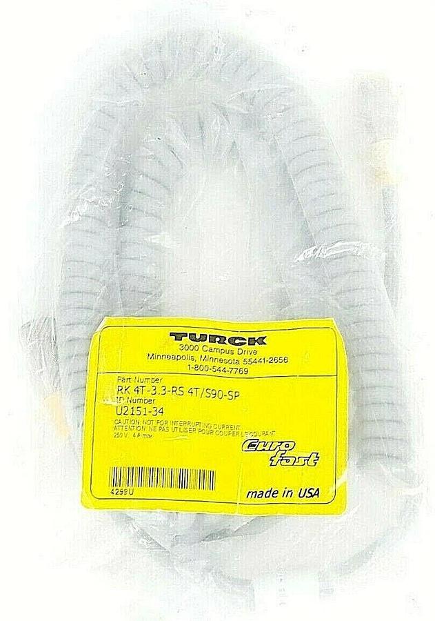 Used NEW TURCK RK 4T-3.3-RS 4T/S90-SP EUROFAST MOLDED CORDSET ID NO. U2151-34