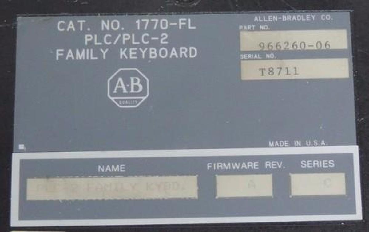 Used ALLEN BRADLEY 1770-FL PLC/PLC-2 KEYBOARD P/N 966260-06 F/W REV A SER C 1770-KFA