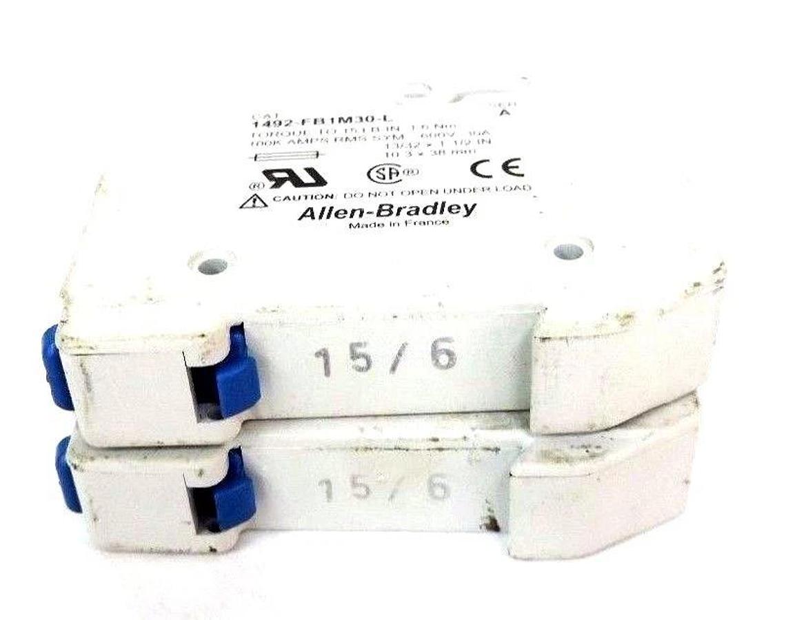 Used LOT OF 2 ALLEN BRADLEY 1492-FB1M30-L FUSE HOLDERS W/ FNM FUSES 1492FB1M30L