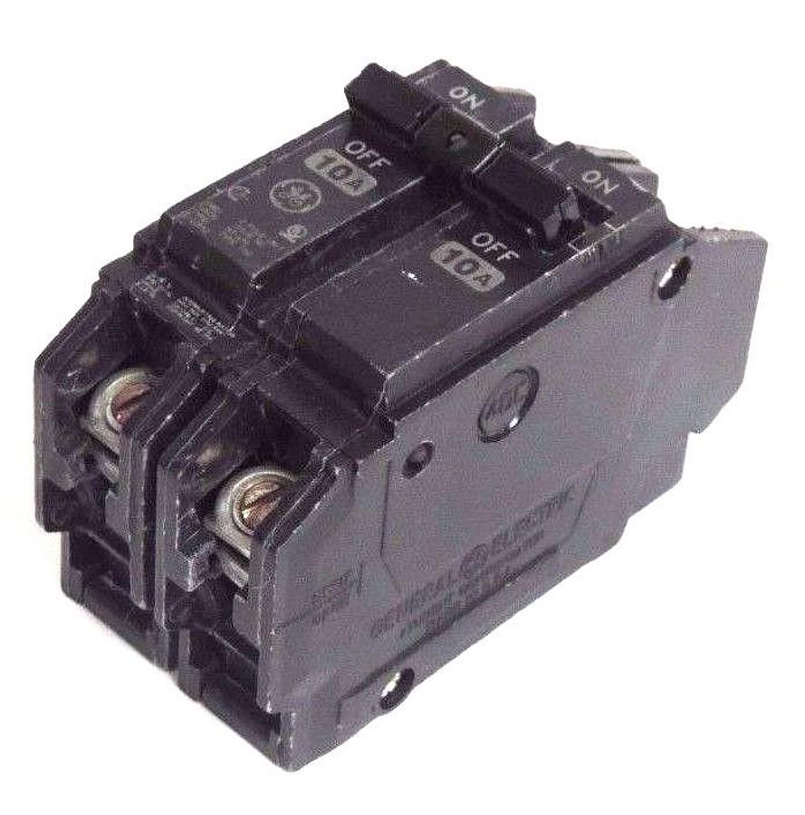 Used 2 GENERAL ELECTRIC TQC2110 CIRCUIT BREAKERS MODEL A, 10A, 120/240VAC, 2 POLE