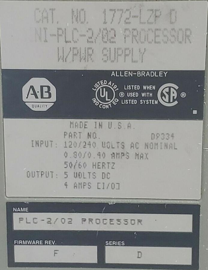 Used ALLEN BRADLEY 1772-LZP SER. D PROCESSOR W/ PWR SUPPLY 1772LZP