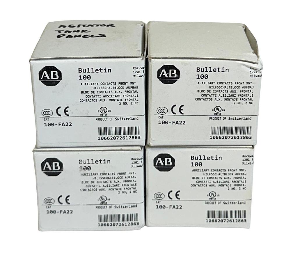 Used 4 ALLEN BRADLEY 100-FA22 /B BULLETIN 100 AUXILIARY CONTACTS 2NO 2NC NSMP