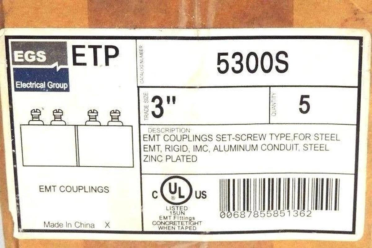 Used 5 NEW SEALED EGS 5300S EMT COUPLINGS 3'', ETP