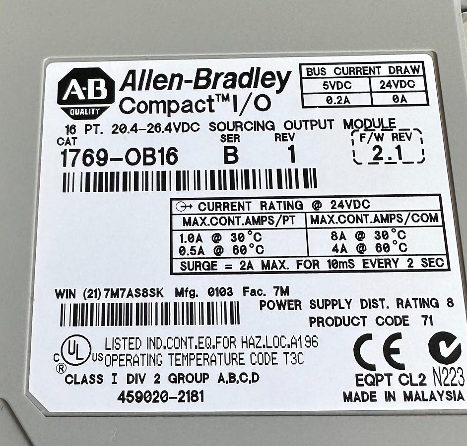Used ALLEN BRADLEY 1769-OB16 /B Compact I/O 16-PT SOURCING OUTPUT MODULE 1769OB16 *