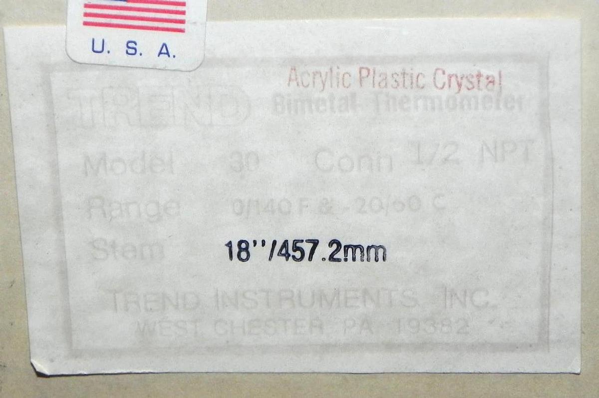 Used NIB TREND MODEL 30 BIMETAL THERMOMETER CONN. 1/2'' NPT STEM: 18'' RANGE: 0/140F