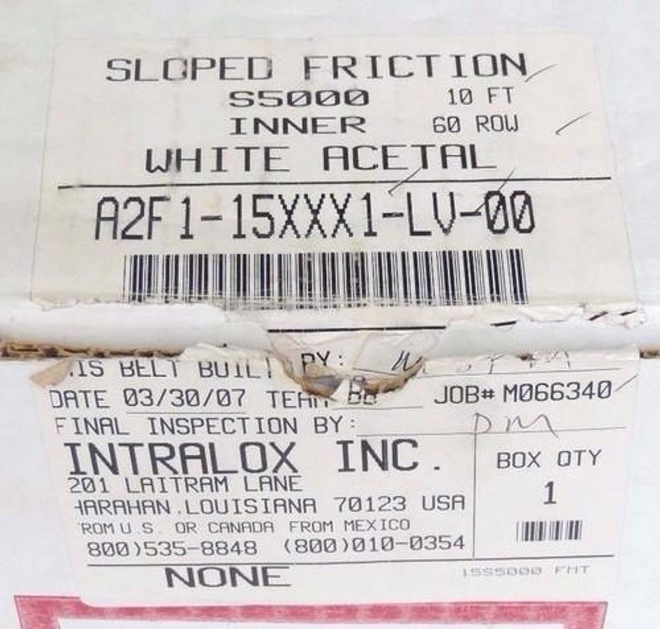 Used NIB INTRALOX A2F1-15XXX1-LV-00 S5000 10' SLOPED FRICTION BELT A2F115XXX1LV00
