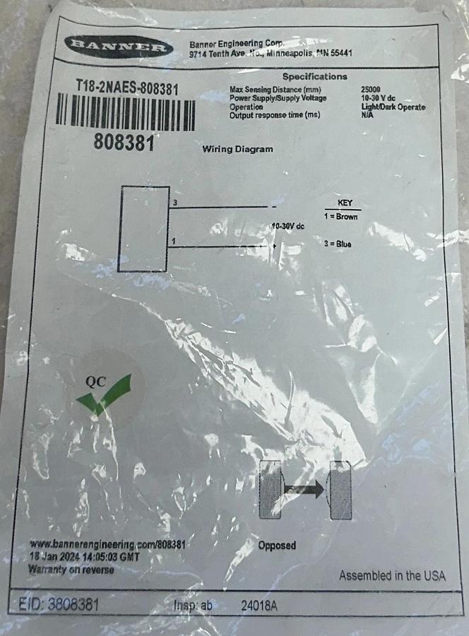 BANNER T18-2NAES-808381 / 808381 PHOTOELECTRIC SENSOR T18-2 SERIES 25000mm NSNP
