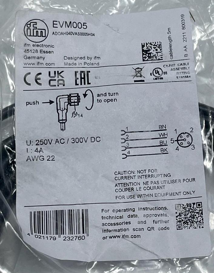IFM Efector EVM005 (ADOAH040VAS0005H04) M12 Female Angled 5m Hygienic Cable