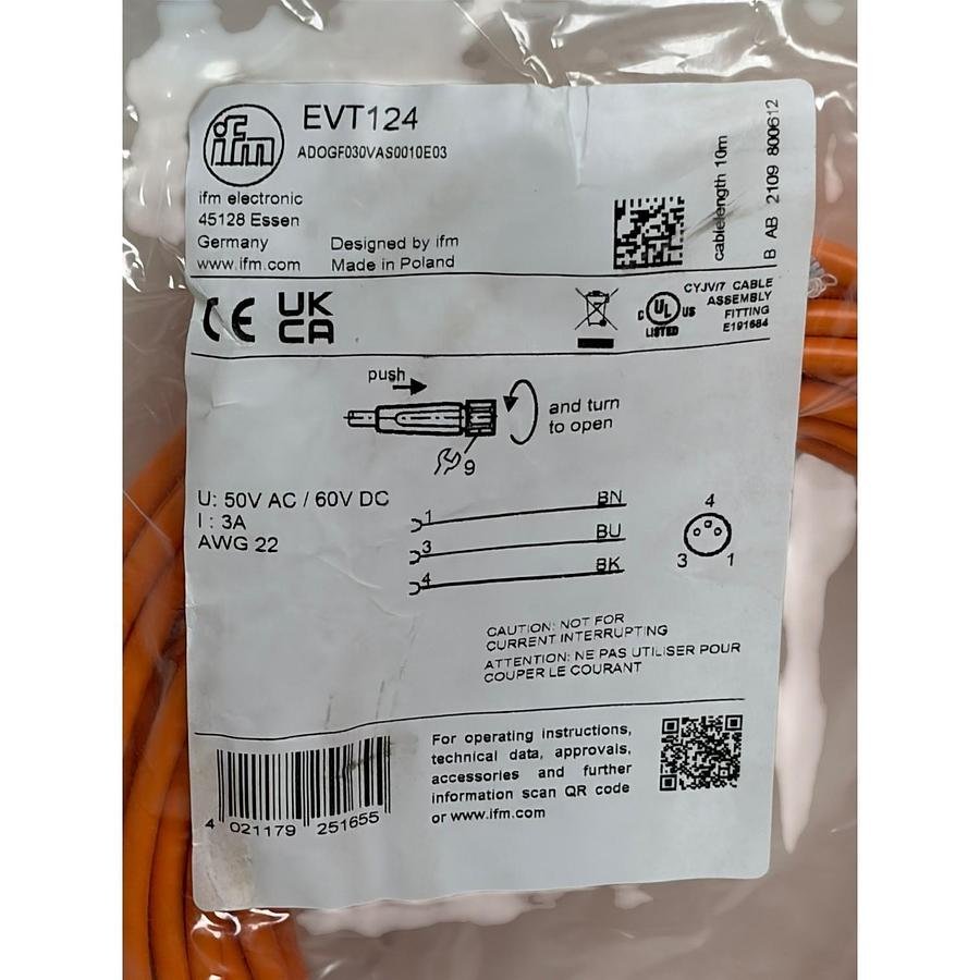IFM EVT124 M12 Female Cordset 10m Orange Sensor Cable Stainless Nut New Sealed
