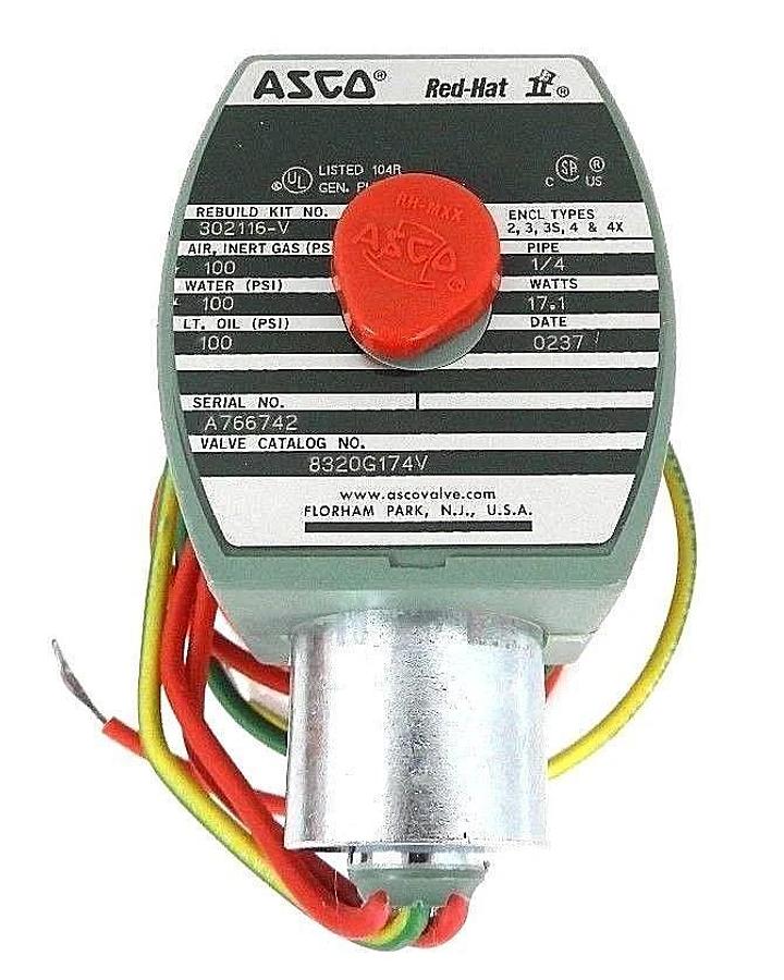 Used NIB ASCO 8320G174V SOLENOID VALVE 120/60 - 110/50, 1/4 PIPE, 17.1 WATTS, 100PSI