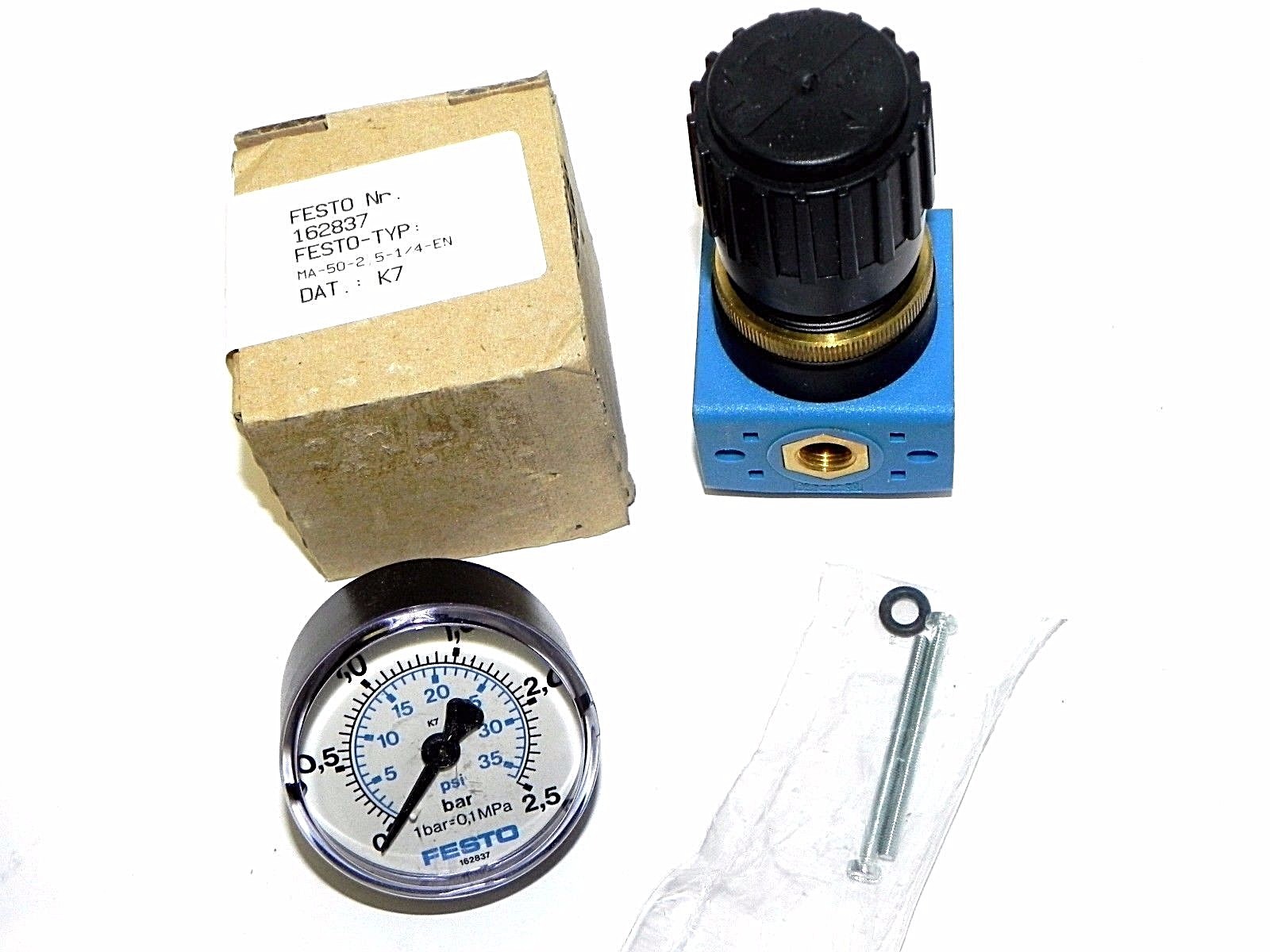 NIB FESTO LR-1/8-S-7-O-B PRESSURE CONTROL VALVE W/ 162837 GAUGE MA-50-2,5-1/4-EN