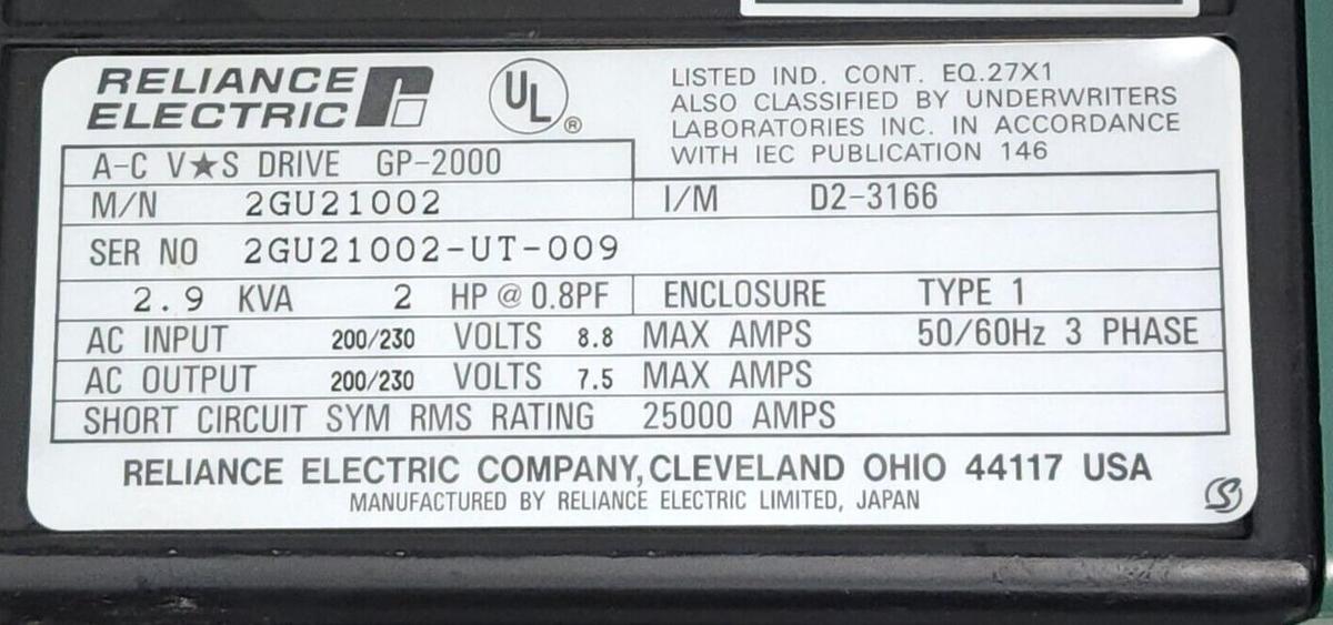 Used RELIANCE ELECTRIC 2GU21002 AC VS DRIVE GP-2000 2.9kVA 2HP I/M D2-3166
