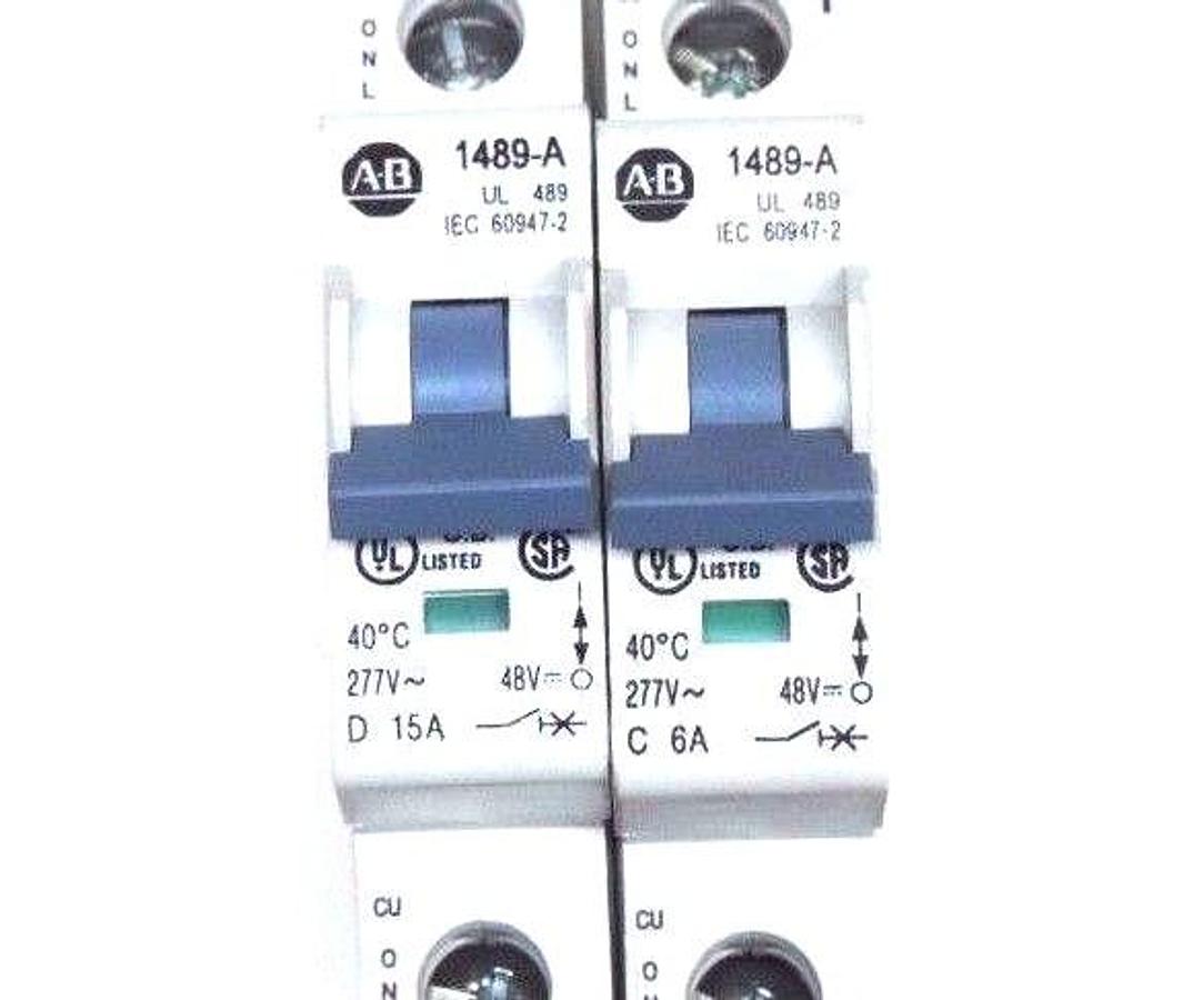 Used LOT OF 2 ALLEN BRADLEY CIRCUIT BREAKERS 1489-A15150 & 1489-A1C060 SER A, 277V
