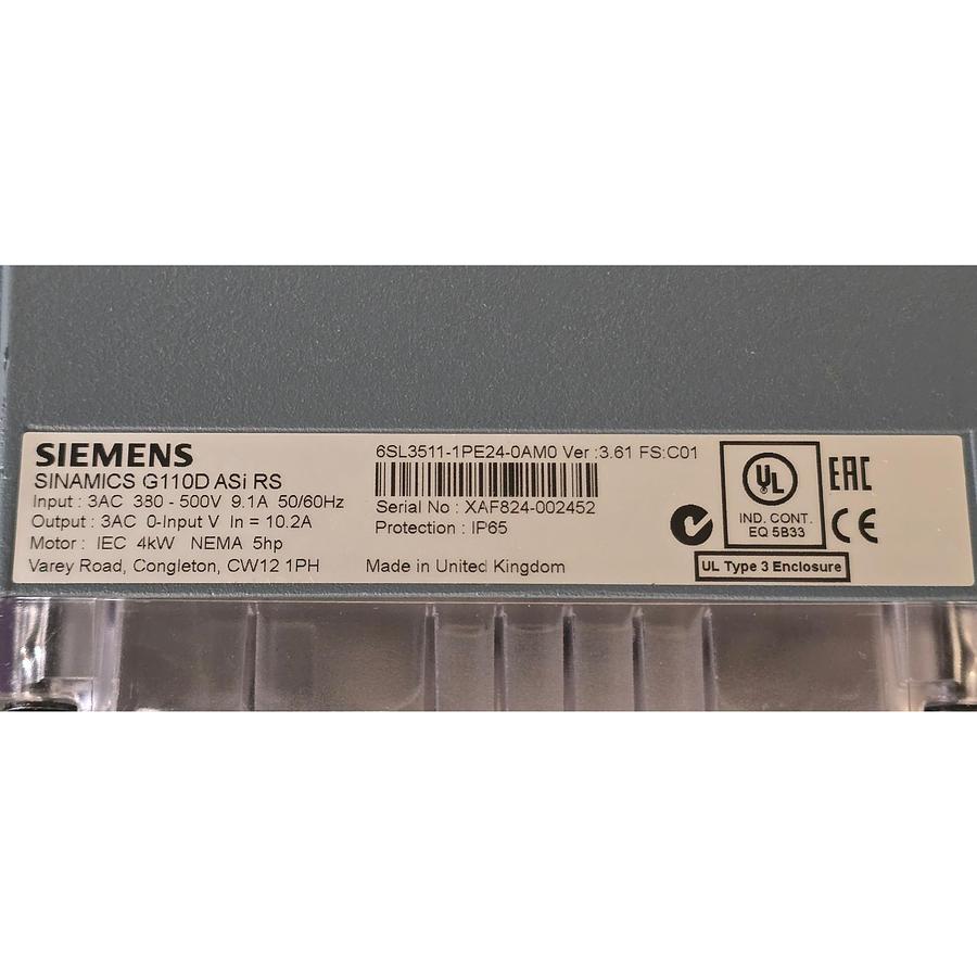 Used SIEMENS 6SL3511-1PE24-0AM0 Ver 3.61 SINAMICS G110D ASi RS AC DRIVE 4kW/5HP NSNP