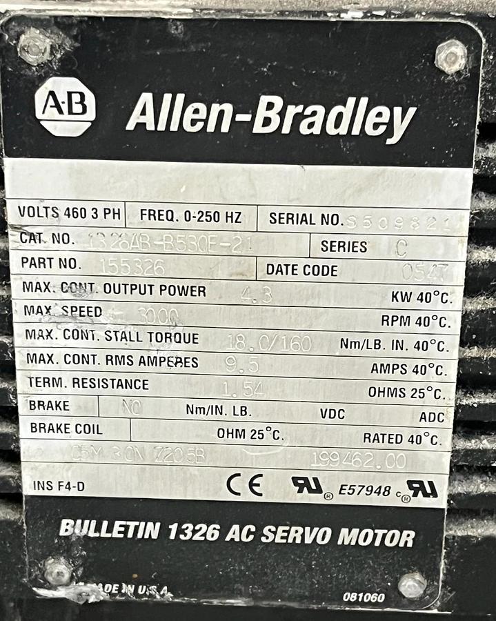 Used Allen Bradley 1326AB-B530E-21 Servo Motor | 3.2kW | 14.5 Nm | 460V 3500 RPM