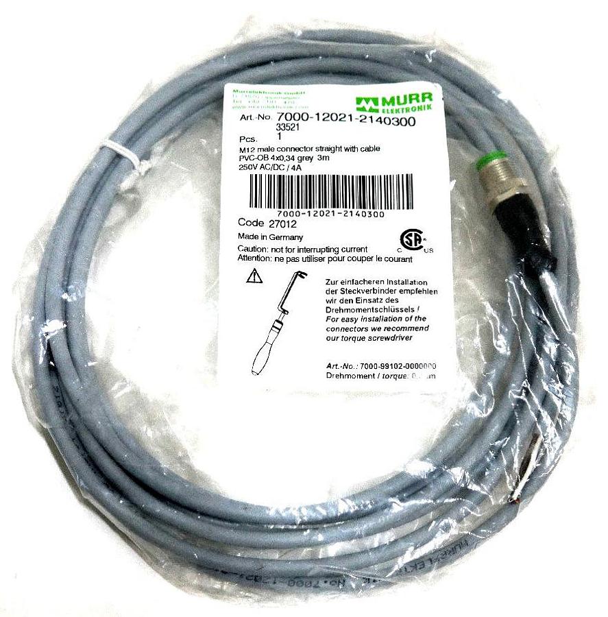 Used NEW MURR ELEKTRONIK 7000-12021-2140300, M12 MALE CONNECTOR STRAIGHT W/ CABLE