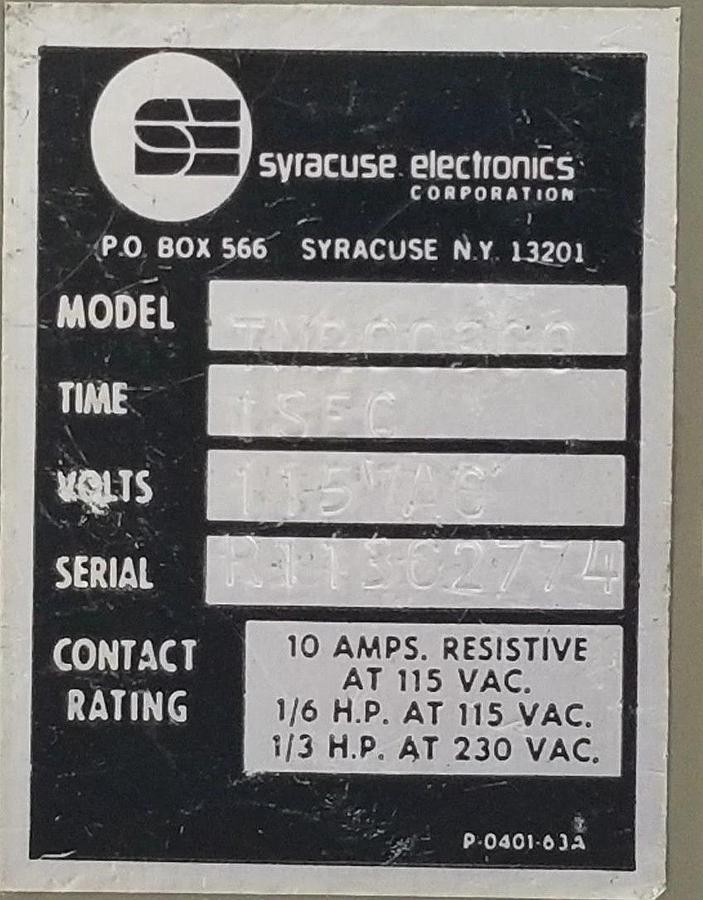 Used SYRACUSE ELECTRONICS TNR00300 TIME DELAY RELAY 1SEC, 0-10SEC, 115VAC, 10A