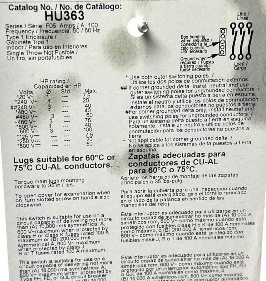 Used Square D HU363 Heavy Duty Safety Switch 100A 600V 3-Pole Non-Fusible - NSMP