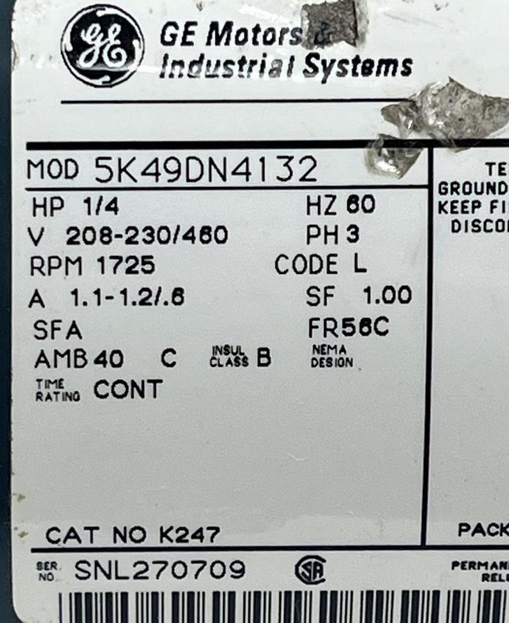 Used GE 5K49DN4132 3-Phase AC Motor | 1/4 HP, 1725 RPM, 56C Frame, 208-230/460V