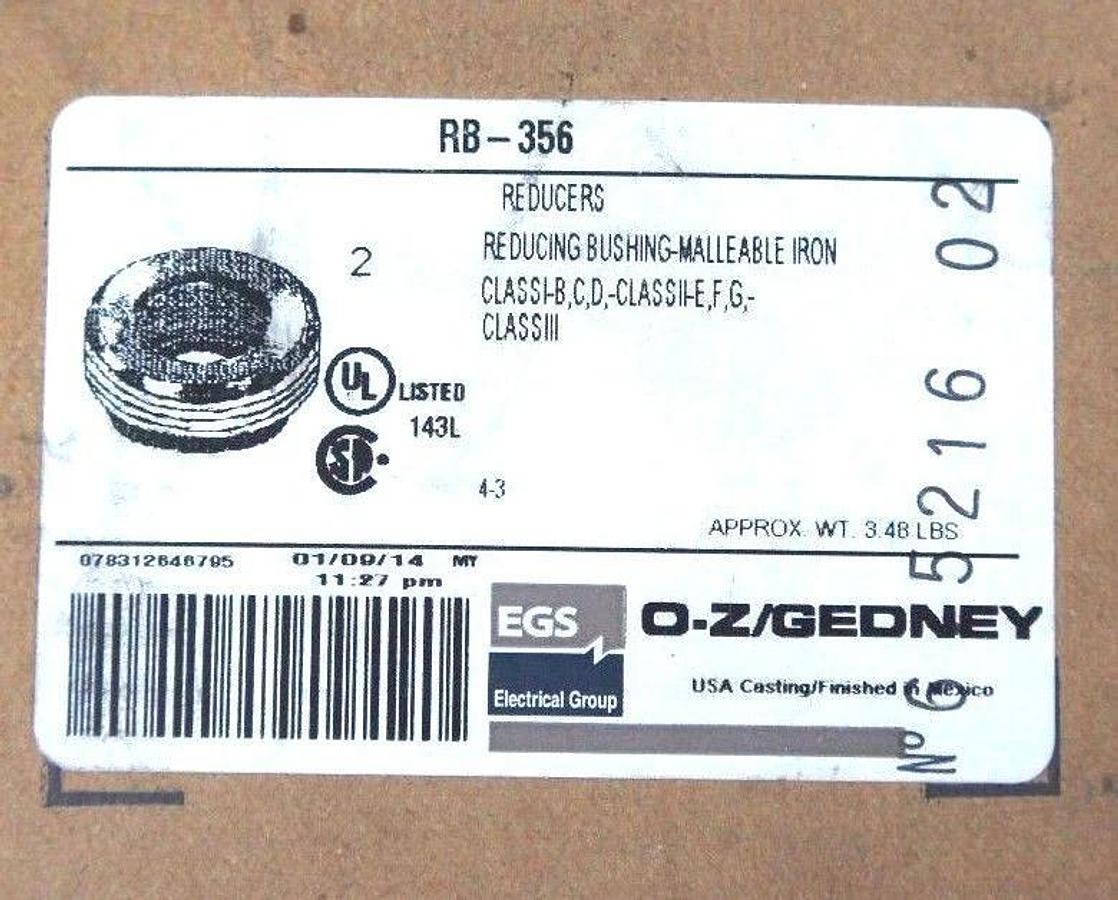 Used NIB EGS OZ GEDNEY RB-356 REDUCING BUSHING MALLEABLE IRON