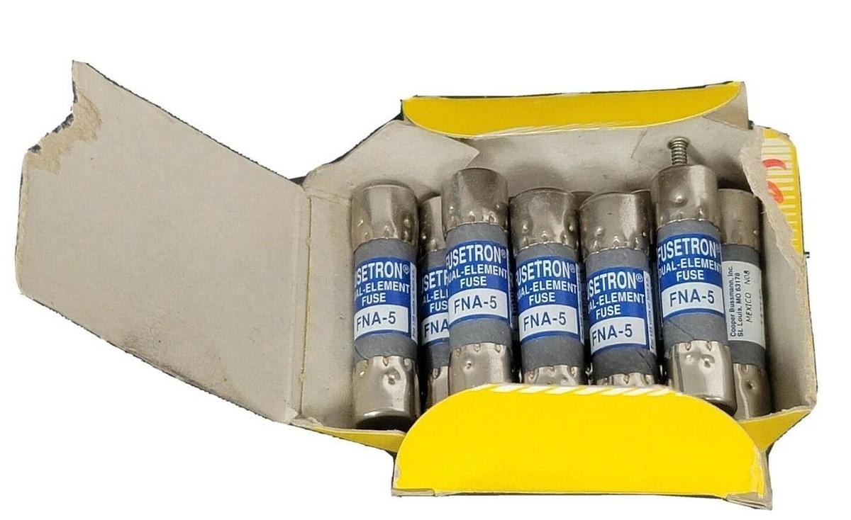 Used BOX OF 10 NEW COOPER BUSSMANN FNA-5 FUSETRON DUAL ELEMENT FUSES FNA5