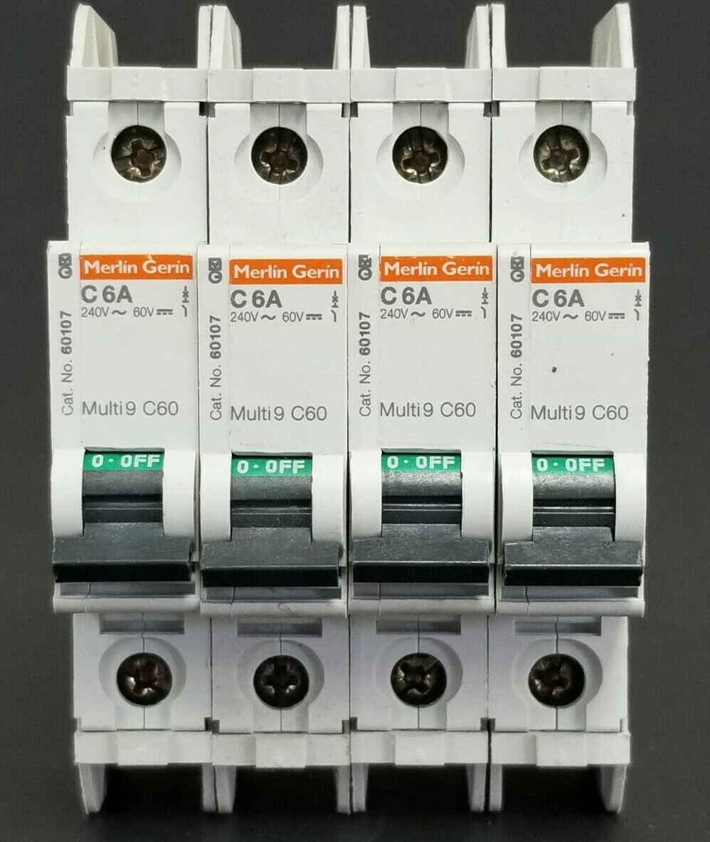 Used LOT OF 4 MERLIN GERIN CAT. NO. 60107 MULTI9 C60 CIRCUIT BREAKERS C6A 240V/60V