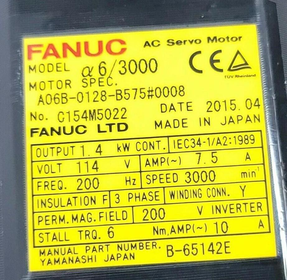 Used FANUC A06B-012B-B575#0008 AC SERVO MOTOR 3 PHASE 3000 RPM 7.5 AMP 114 VAC