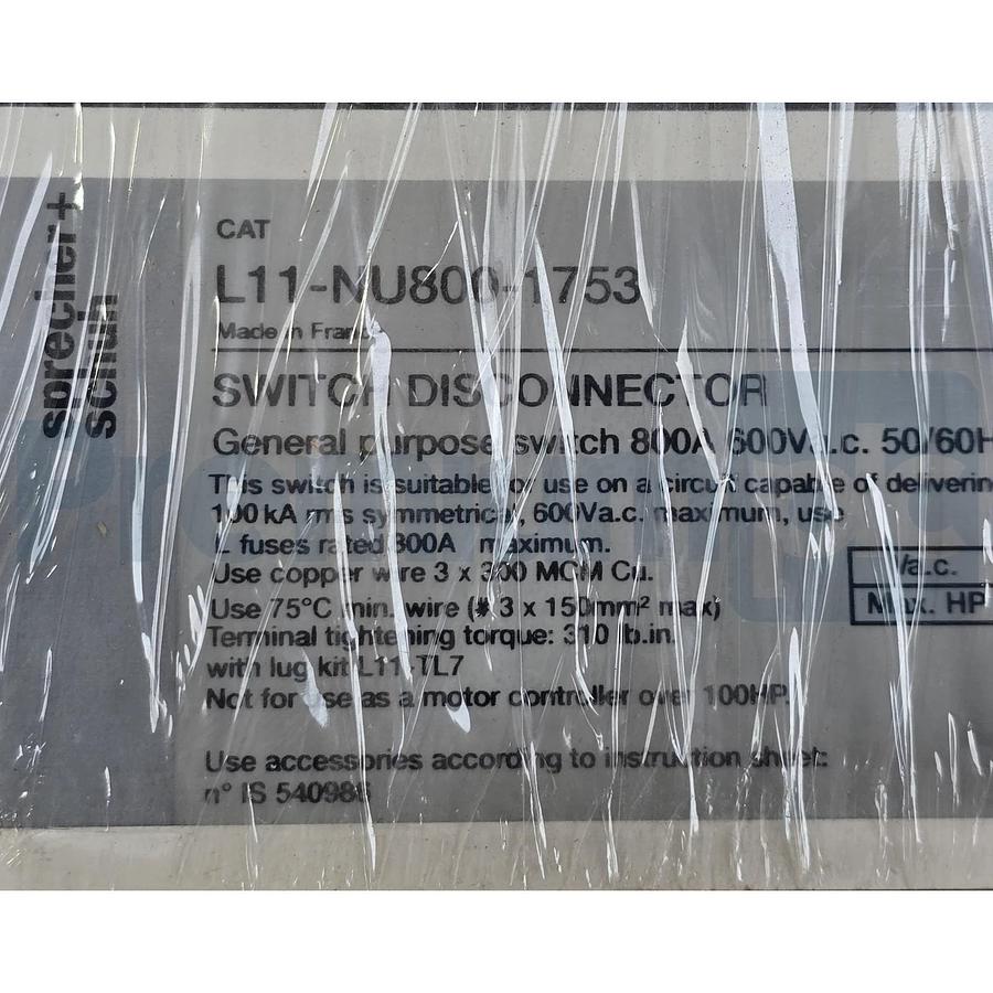 SPRECHER + SCHUH L11-NU800-1753 L11 DISCONNECT SWITCH 800A 600VAC PN-177166 NSMP