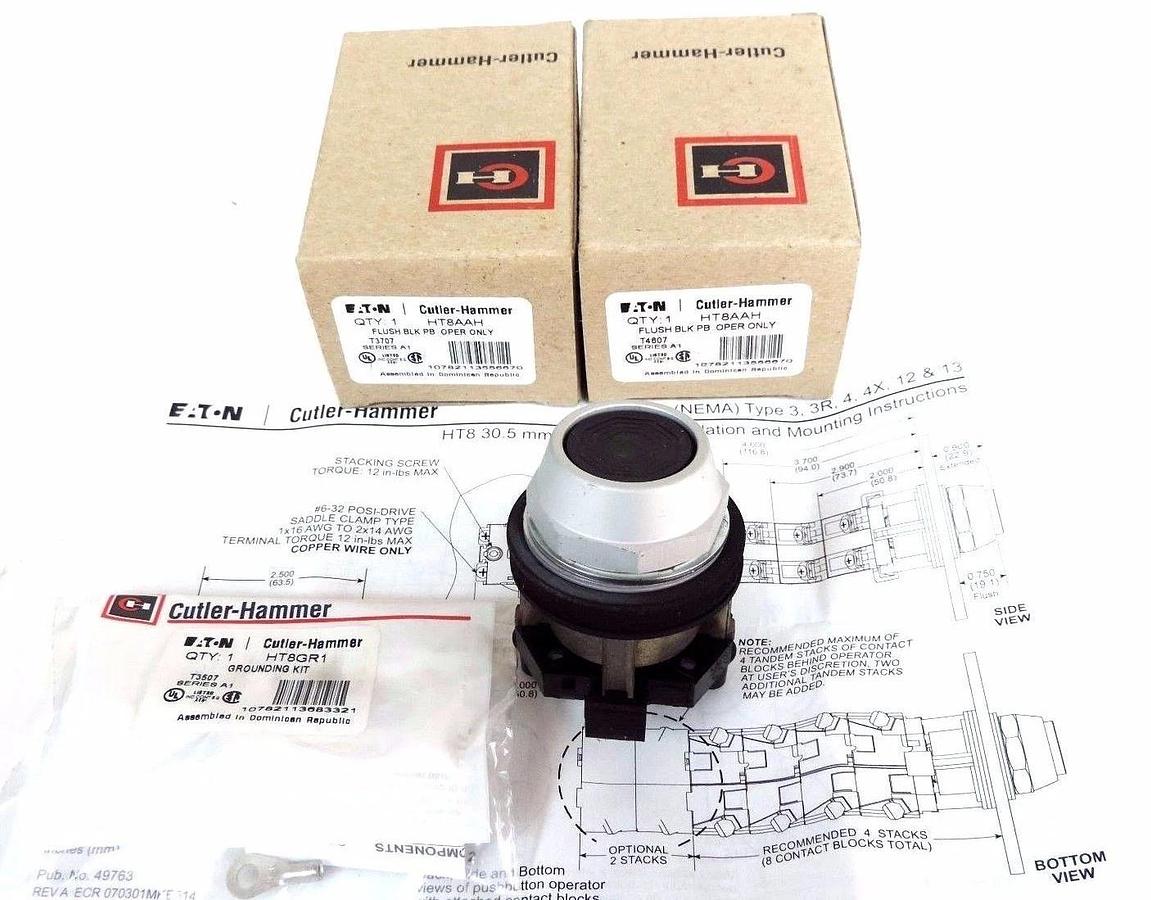 Used LOT OF 2 NIB CUTLER HAMMER HT8AAH FLUSH BLACK PUSHBUTTONS SER. A1 W/ HT8GR1