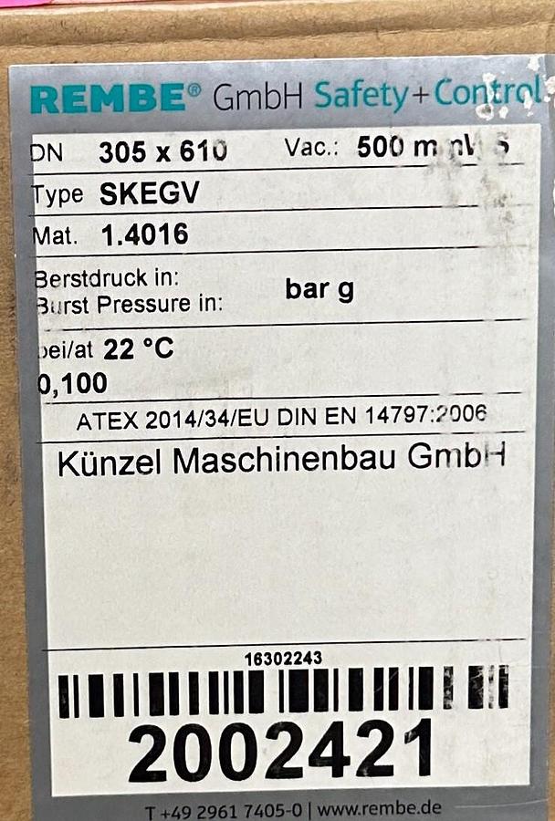 Used REMBE SKEGV 305 x 610 DN FSA04 ATEX 1538X 2002421 EXPLOSION VENT EGV 1.4016 NSMP